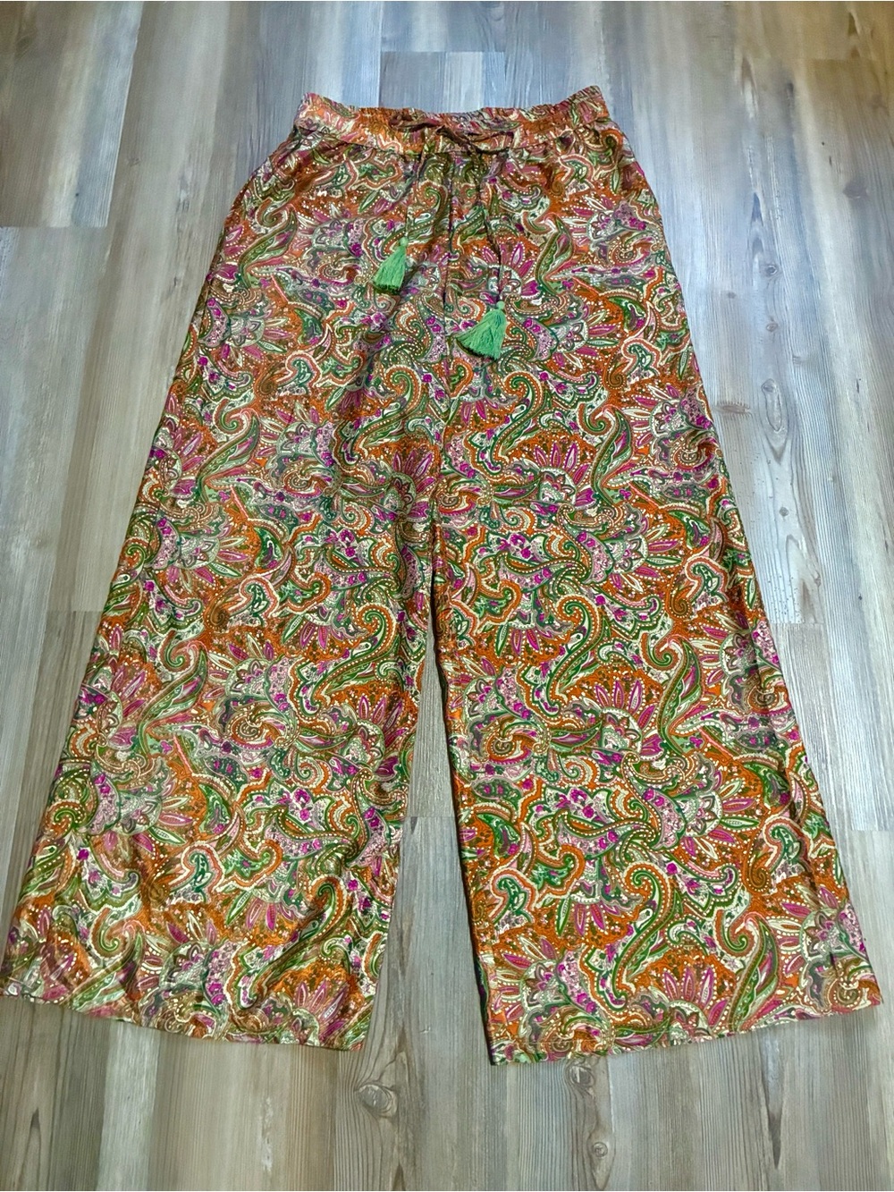 Chelsea & Theodore Paisley print Wide leg Pants Drawstring waist Tassels Women S - Picture 2 of 11